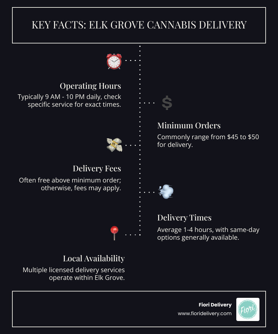 Infographic summarizing key weed delivery facts in Elk Grove including top services, typical operating hours, common minimum order amounts, delivery fee practices (many offer free delivery above a minimum), and average delivery times. - elk grove weed delivery infographic infographic-line-5-steps-dark