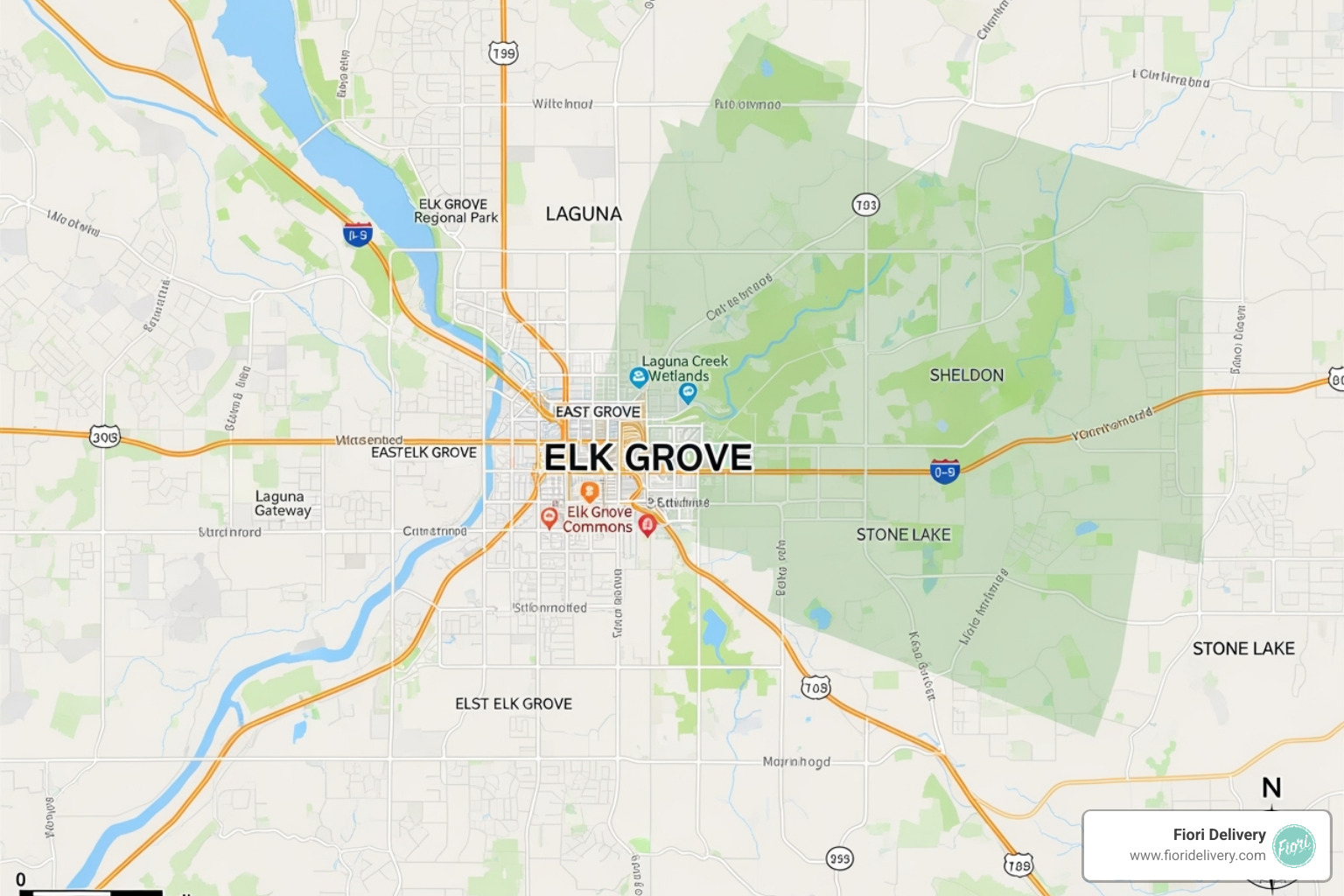 A map of Elk Grove, CA, with various neighborhoods highlighted, indicating the wide coverage area for weed delivery services. - elk grove weed delivery