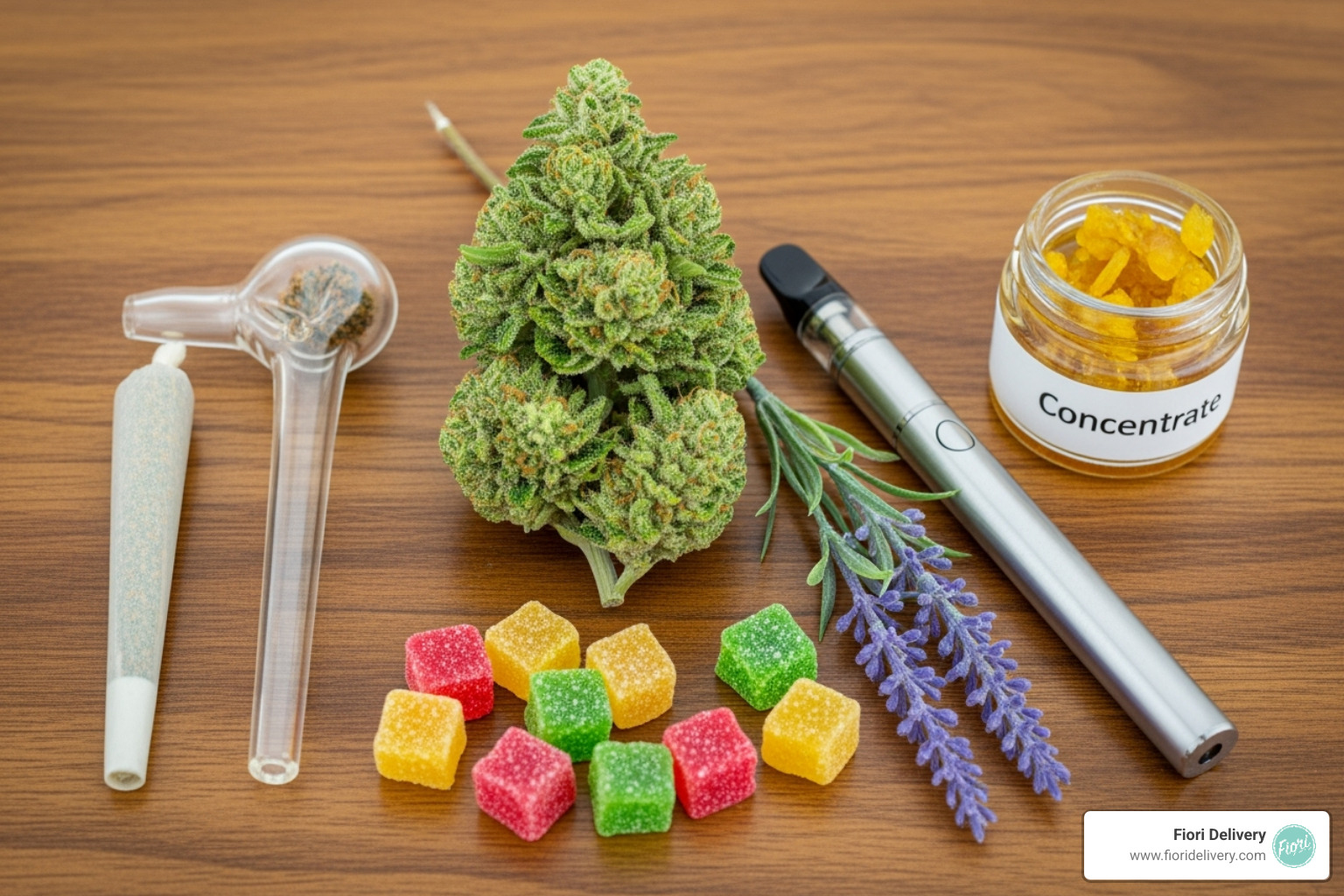 A flat lay showing different product types: vibrant green cannabis flower, a sleek vape pen, an array of colorful gummies, and a small glass jar containing cannabis concentrate. - elk grove weed delivery