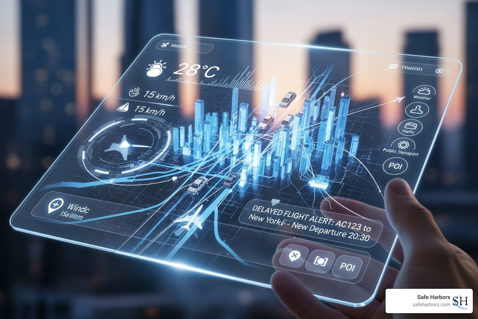 A futuristic travel app interface on a transparent screen, displaying real-time travel data and alerts - real time travel alerts