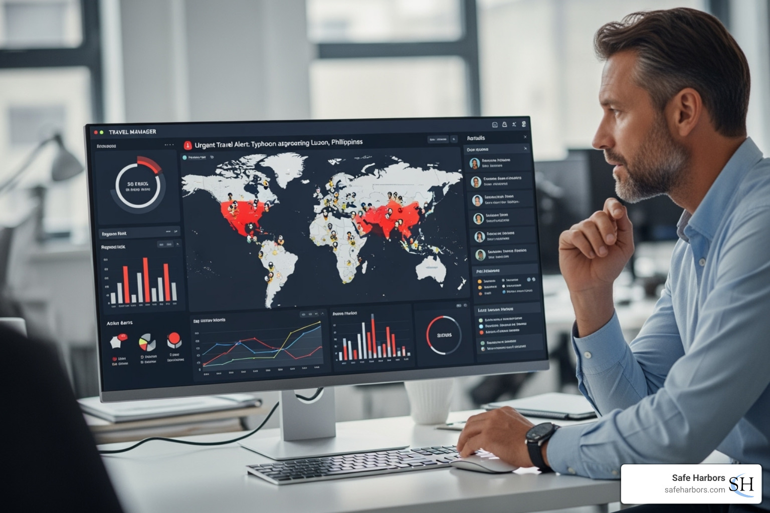A travel manager viewing a dashboard of employee locations on a large screen, with various risk indicators and alerts - real time travel alerts