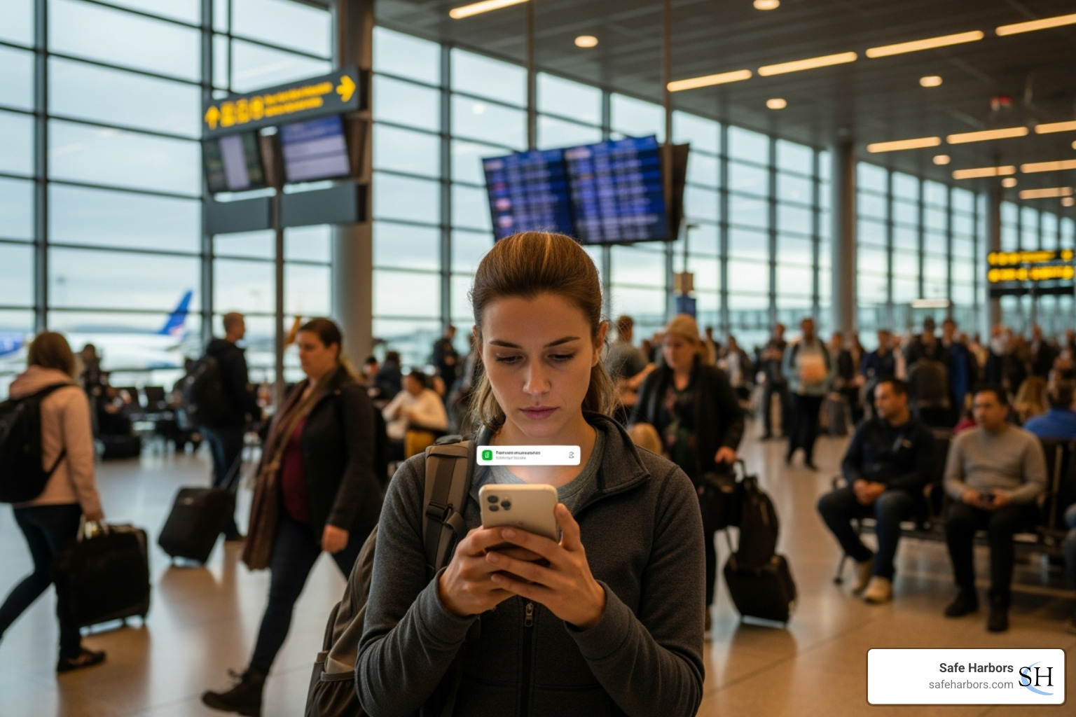 A traveler checking their smartphone for an alert in a busy airport - real time travel alerts