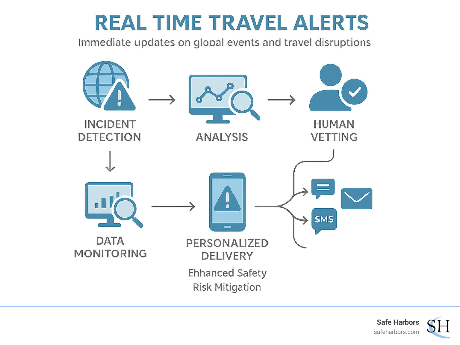 Infographic explaining how real-time travel alerts provide immediate updates on global events and travel disruptions, showing the flow from incident detection and data monitoring to analysis, human vetting, and personalized delivery to travelers via mobile apps, SMS, or email for improved safety and risk mitigation. - real time travel alerts infographic 