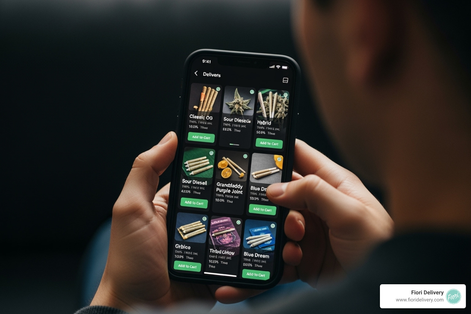 Person browsing Fiori Delivery’s online menu on a smartphone, displaying various pre-rolled joint options. - pre rolled joints delivery near me