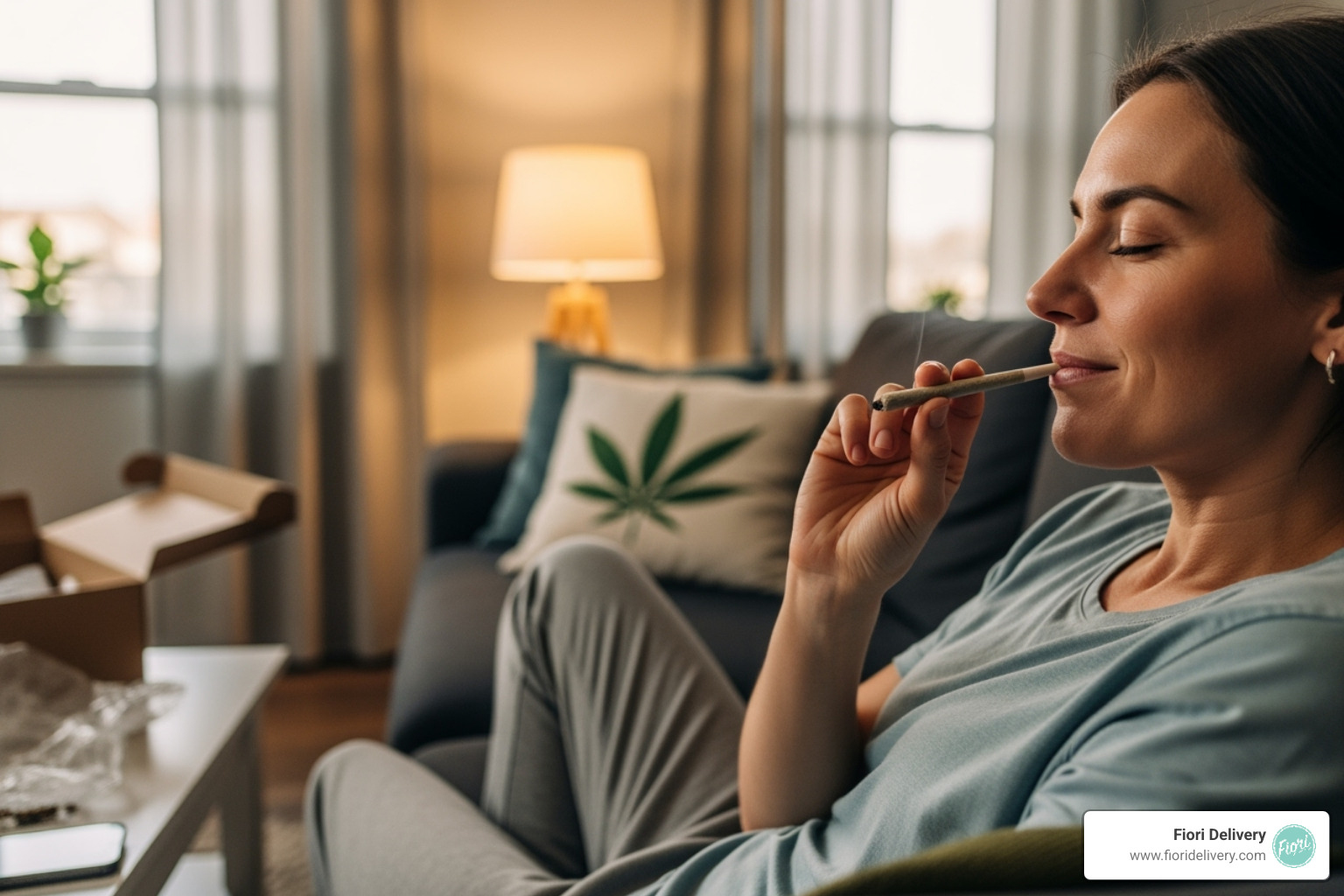 Person relaxing on a couch, holding a freshly delivered pre-roll from Fiori Delivery, highlighting a moment of peace and satisfaction. - pre rolled joints delivery near me