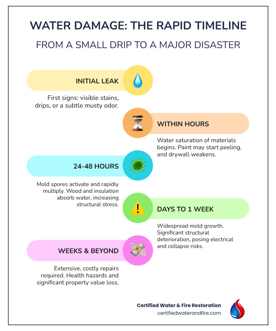 Infographic showing water damage timeline from initial leak through 24 hours (mold begins), 48 hours (structural damage), and 1 week (major repairs needed), with icons for each stage and cost implications - water damage bathroom ceiling infographic infographic-line-5-steps-colors Infographic showing water damage timeline from initial leak through 24 hours (mold begins), 48 hours (structural damage), and 1 week (major repairs needed), with icons for each stage and cost implications - water damage bathroom ceiling infographic infographic-line-5-steps-colors