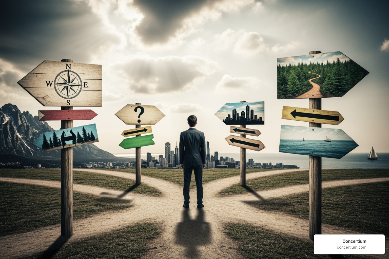person at a crossroads with signs pointing to different security solution features like 'Scalability', 'Integration', and 'Budget' - AI cybersecurity tools