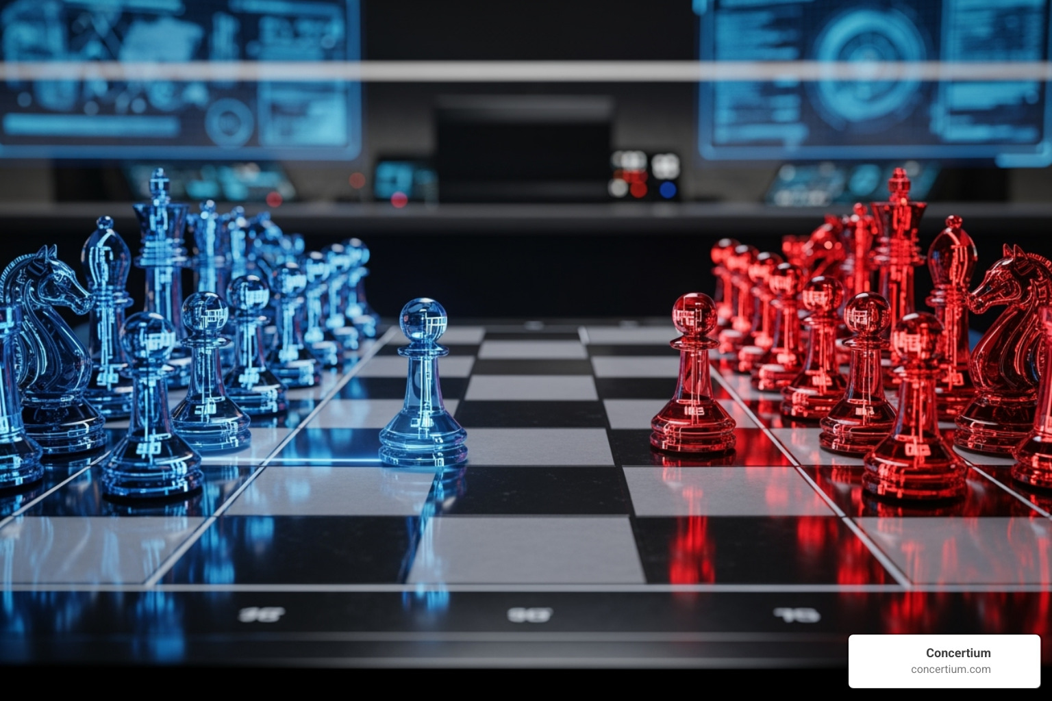 chess board with glowing AI-powered pieces on both sides, representing the AI arms race - AI cybersecurity tools