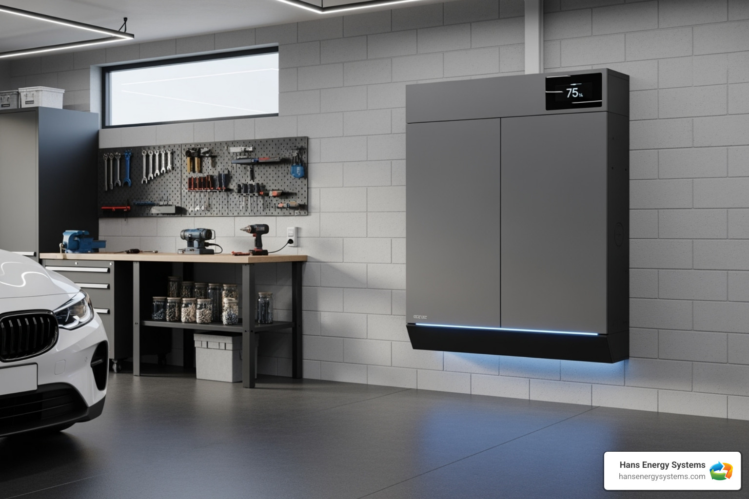 Image of a sleek, wall-mounted battery system in a clean garage - battery backup for solar panels poway