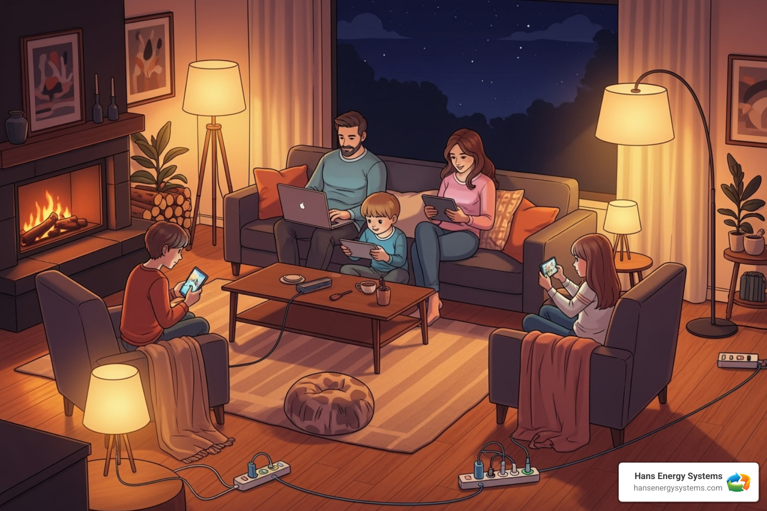 Image of a family comfortably using electronics in their living room at night, powered by a solar battery - battery backup for solar panels poway
