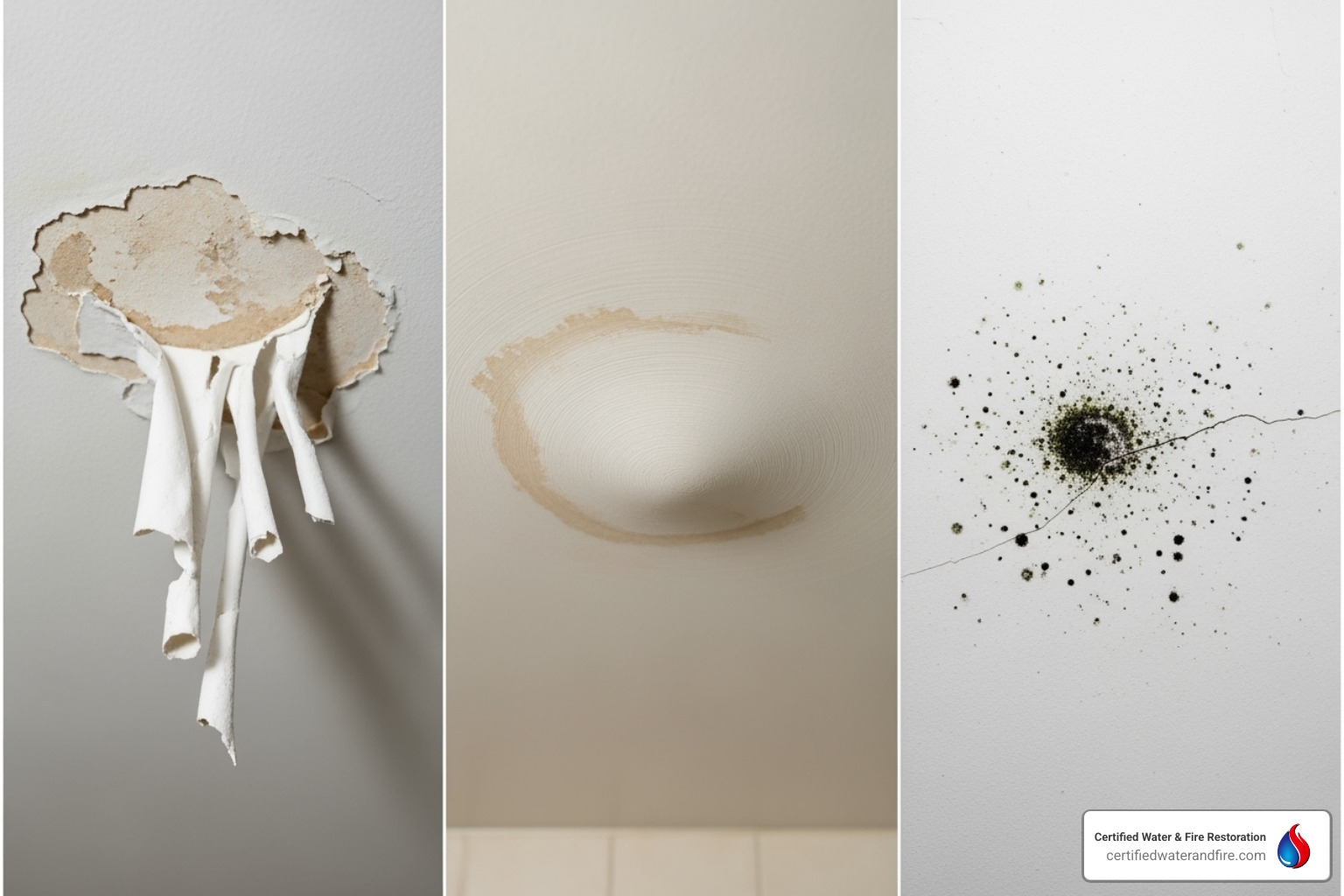 A collage showing different signs of water damage: peeling paint, a sagging ceiling, and visible mold spots - water damage bathroom ceiling A collage showing different signs of water damage: peeling paint, a sagging ceiling, and visible mold spots - water damage bathroom ceiling