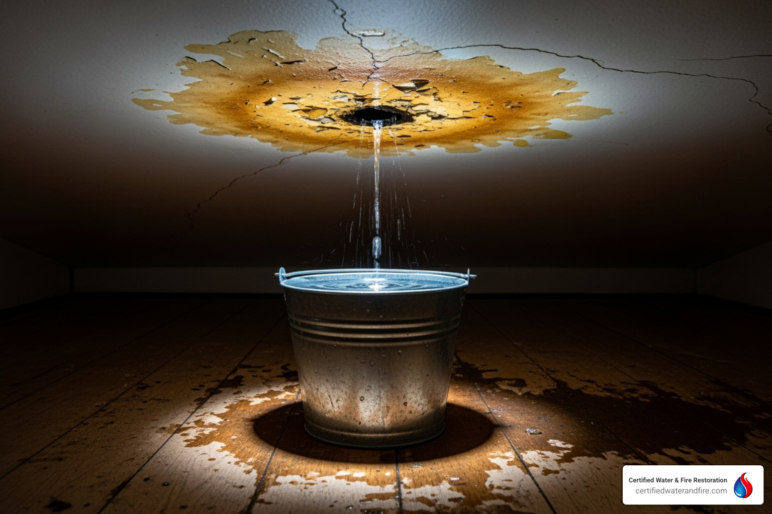 A bucket catching drips from a ceiling with a small hole poked in it - water damage bathroom ceiling A bucket catching drips from a ceiling with a small hole poked in it - water damage bathroom ceiling