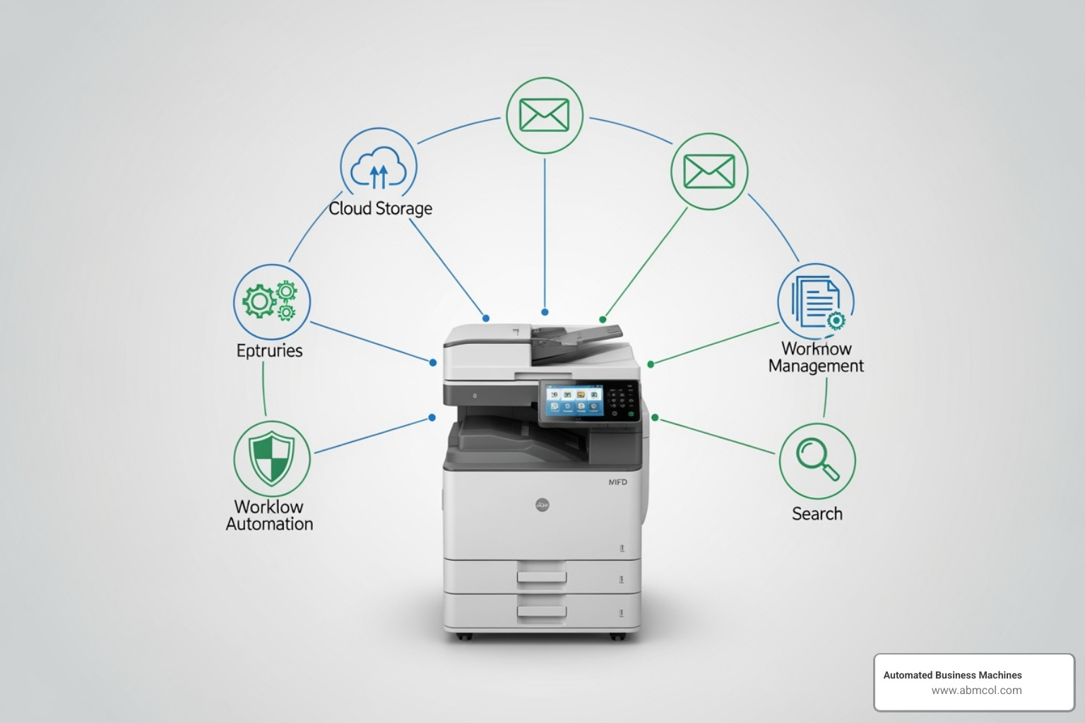 A diagram showing an MFD connected to various business systems like Email, Cloud Storage, and Document Management Systems, illustrating how it serves as a central hub for digital workflows. - multifunction device integration