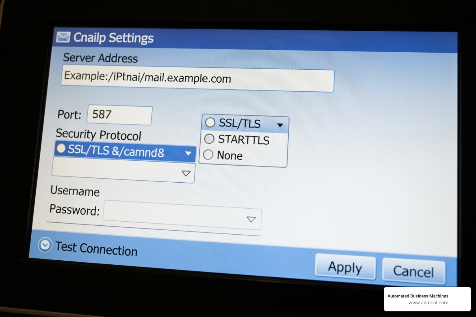 A screen showing MFD email setup options with fields for SMTP server, Port, and TLS, demonstrating the technical configuration required for cloud service integration. - multifunction device integration