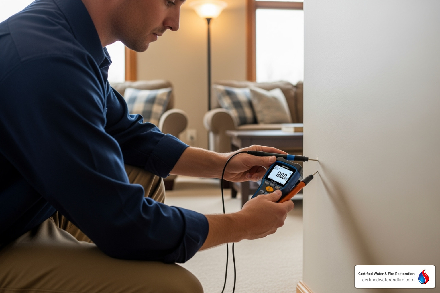 technician using a moisture meter on a wall - Water damage assessment