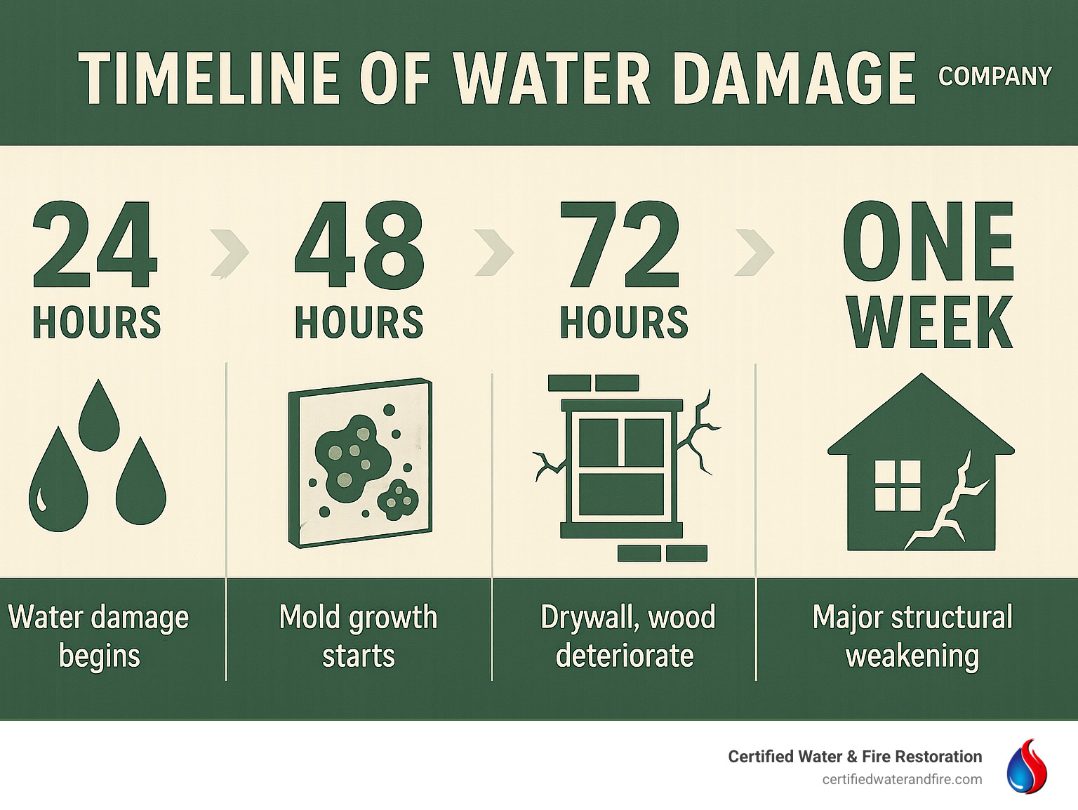 infographic explaining the timeline of water damage from 24 hours to one week, showing mold growth and structural weakening. - Water damage assessment infographic 