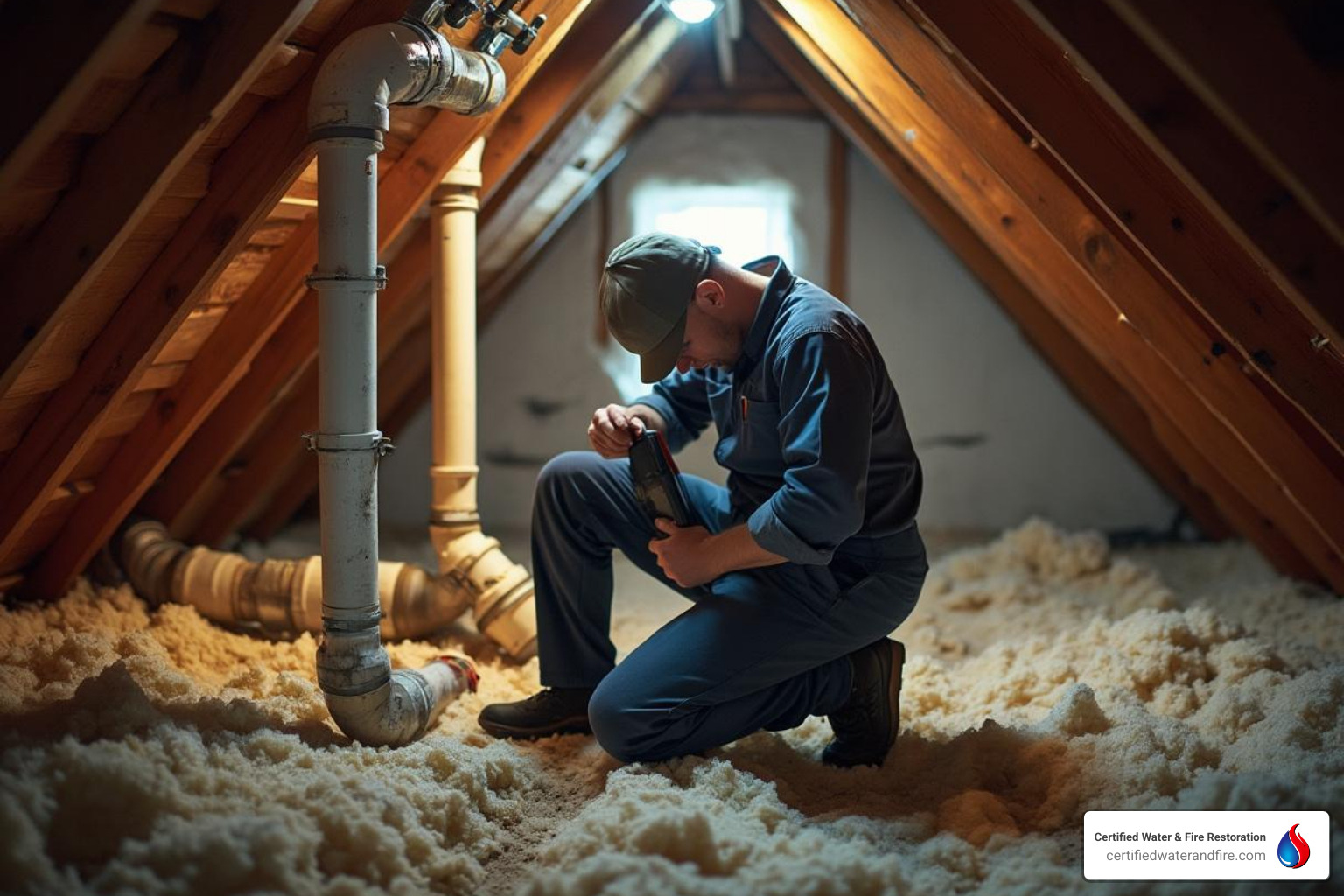 Plumber inspecting pipes in an attic space - ceiling damaged by water Plumber inspecting pipes in an attic space - ceiling damaged by water