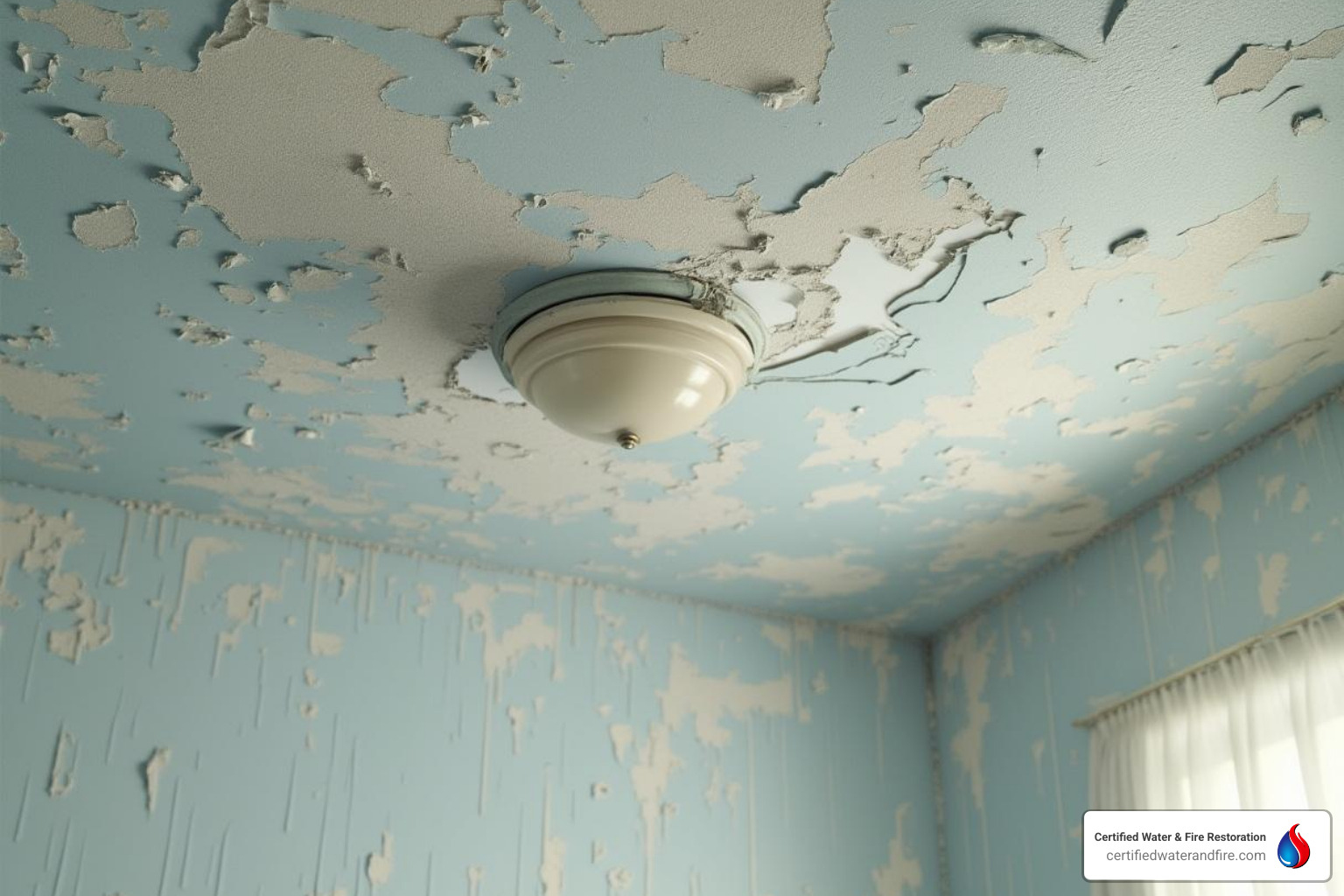 Peeling paint on a ceiling near a light fixture - ceiling damaged by water Peeling paint on a ceiling near a light fixture - ceiling damaged by water