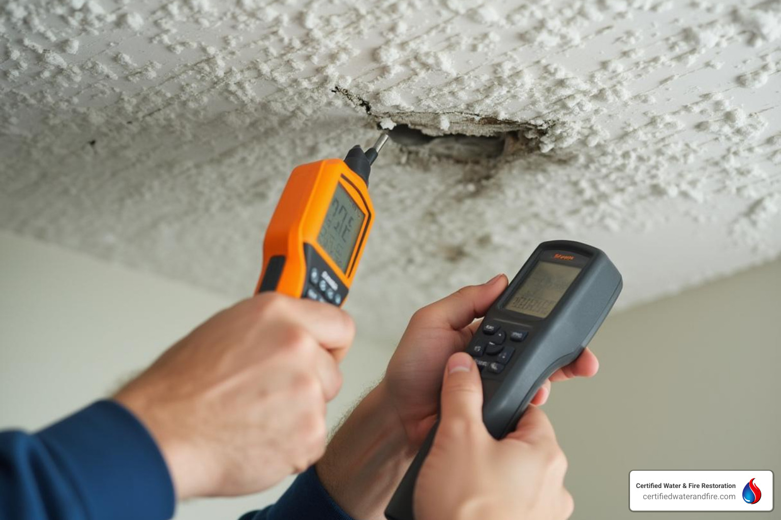 Restoration professional using a moisture meter - ceiling damaged by water Restoration professional using a moisture meter - ceiling damaged by water