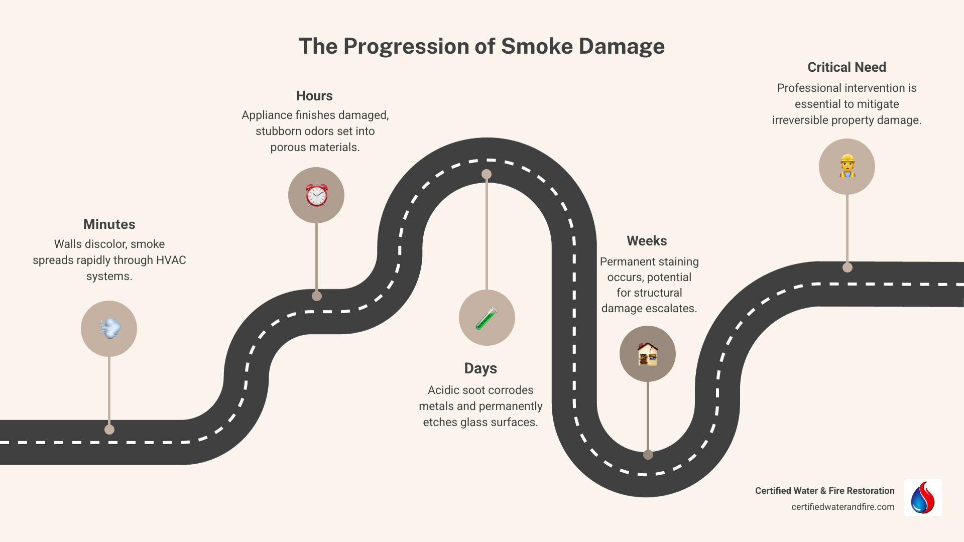 Infographic showing smoke damage timeline: Minutes - walls discolor and smoke spreads through HVAC; Hours - appliance finishes damaged and odors set in porous materials; Days - acids corrode metals and etch glass; Weeks - permanent staining and structural damage without professional intervention - smoke damage cleanup companies infographic roadmap-5-steps