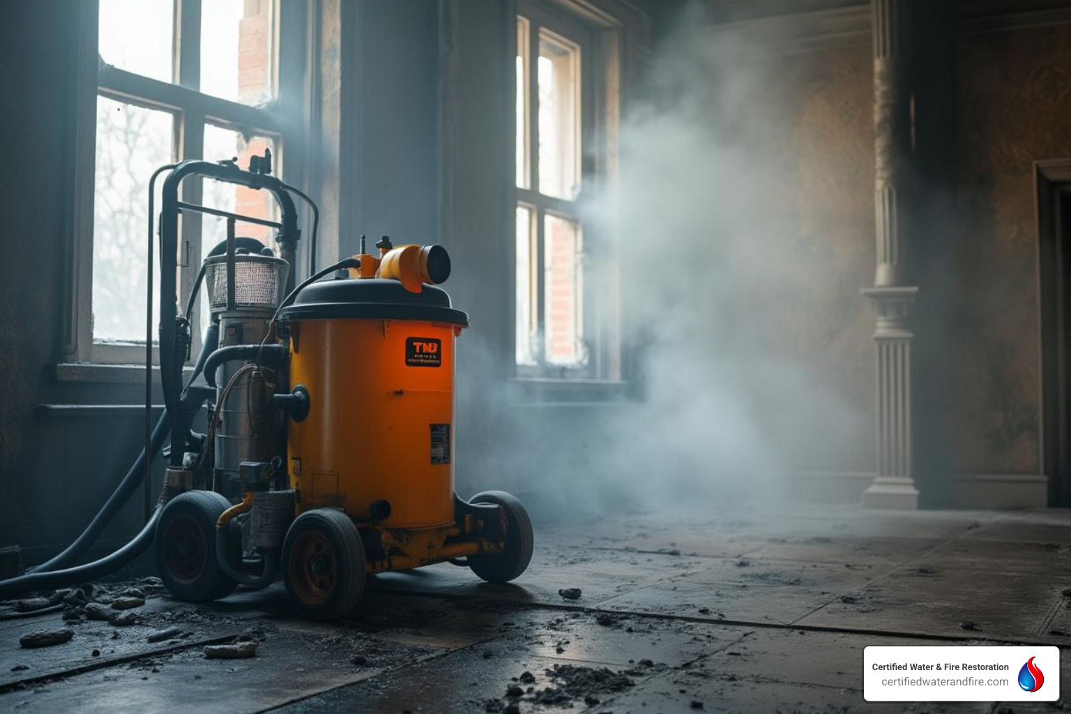 Specialized equipment like an air scrubber and thermal fogger in a smoke-damaged room - smoke damage cleanup companies