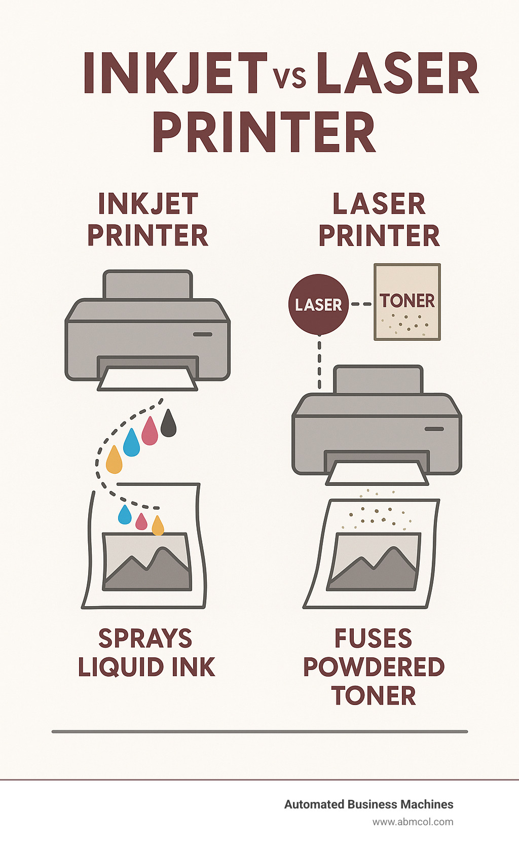Infographic showing the fundamental differences in how inkjet printers spray liquid ink droplets and laser printers fuse powdered toner to paper - laser printer photo print quality infographic 