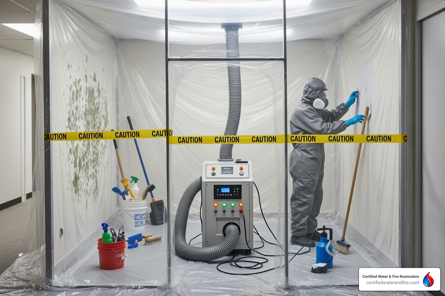 contained work area with plastic sheeting and an air scrubber running - mold removal cost Houston