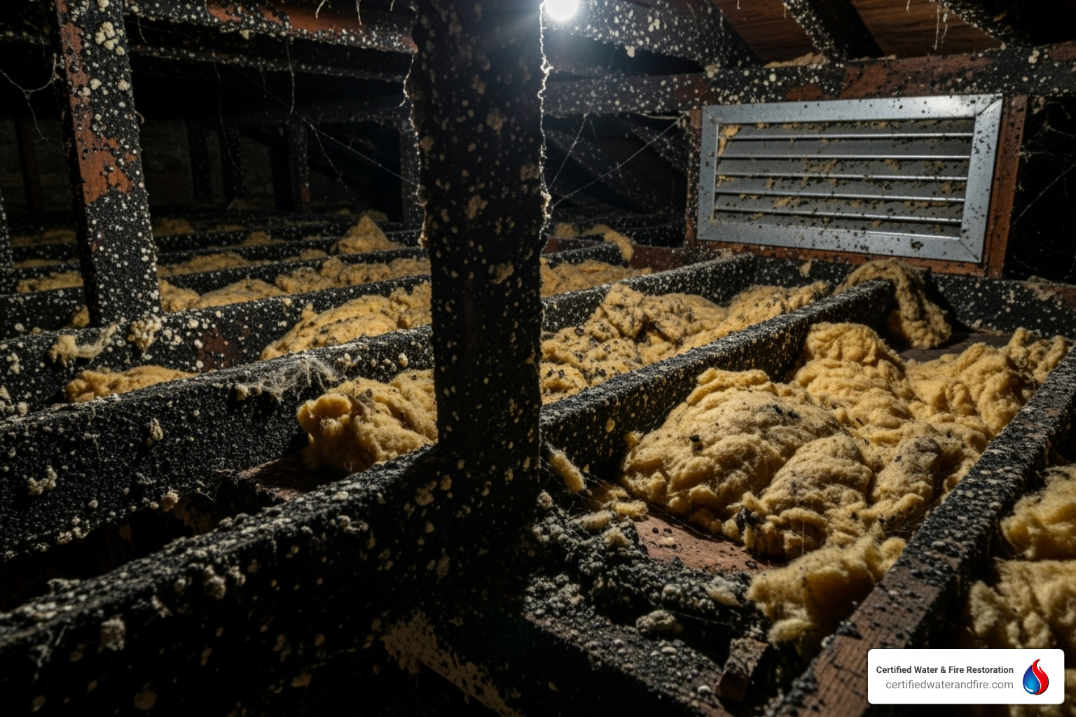mold in an attic space near a vent - mold removal cost Houston