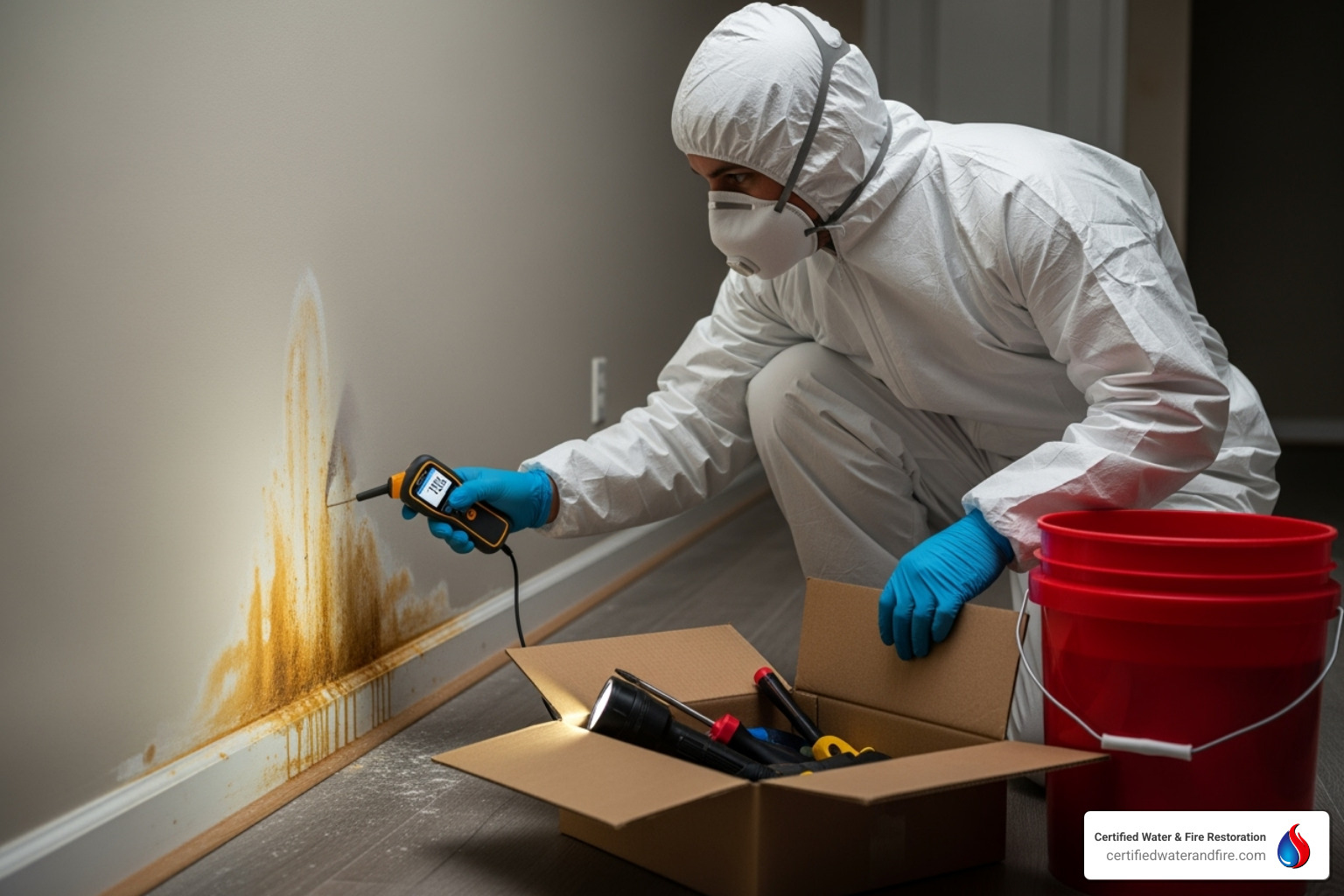 mold remediation specialist inspecting a wall with a moisture meter - mold removal cost Houston