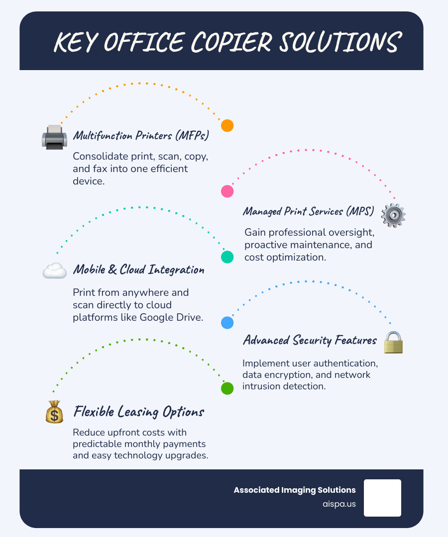 Comprehensive comparison of office copier solution types showing multifunction printers, managed print services, mobile integration capabilities, security features, and leasing versus purchasing options with associated benefits and costs - Office copier solutions infographic infographic-line-5-steps-blues-accent_colors