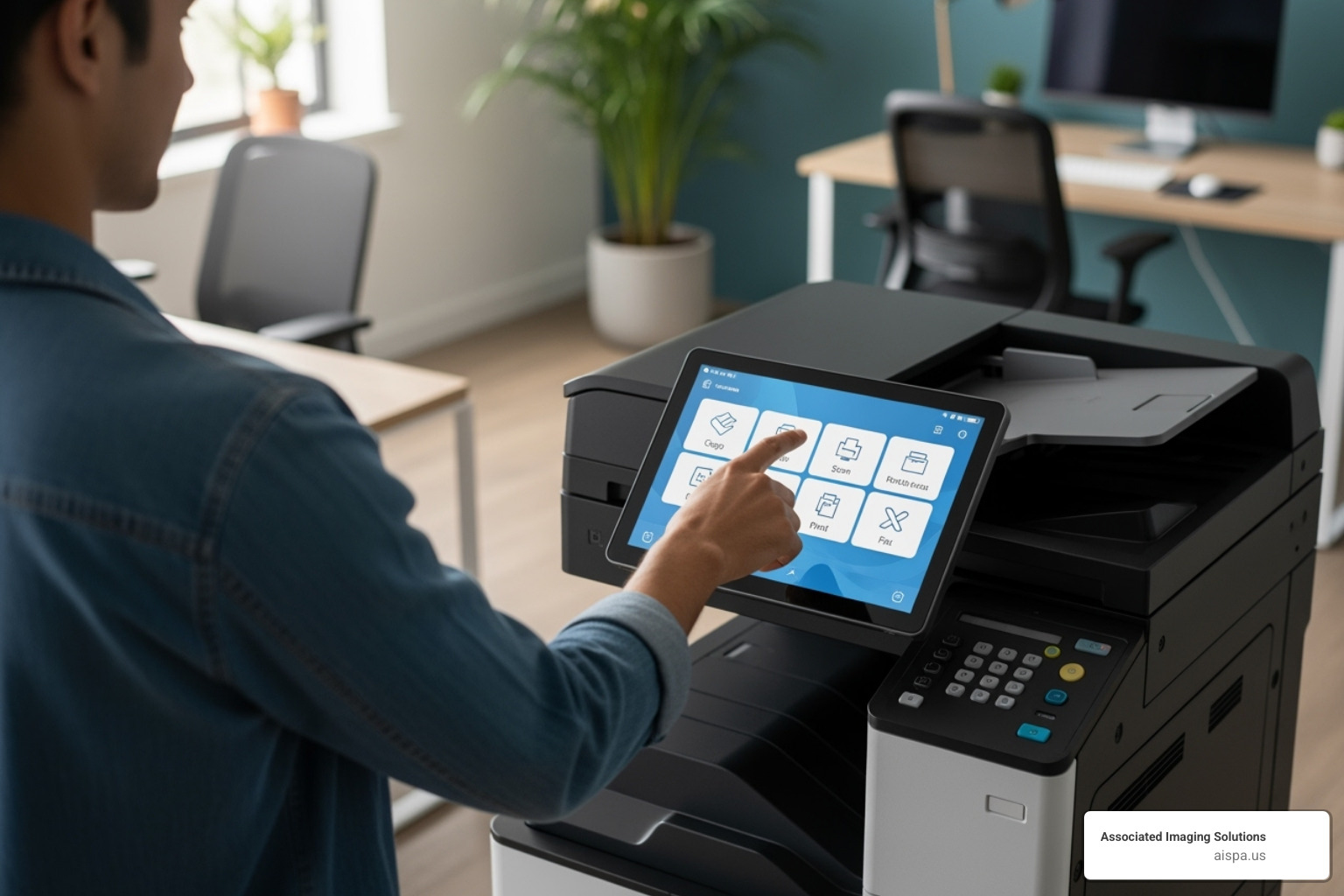 User interacting with a large, tablet-like touchscreen on a modern copier - Office copier solutions