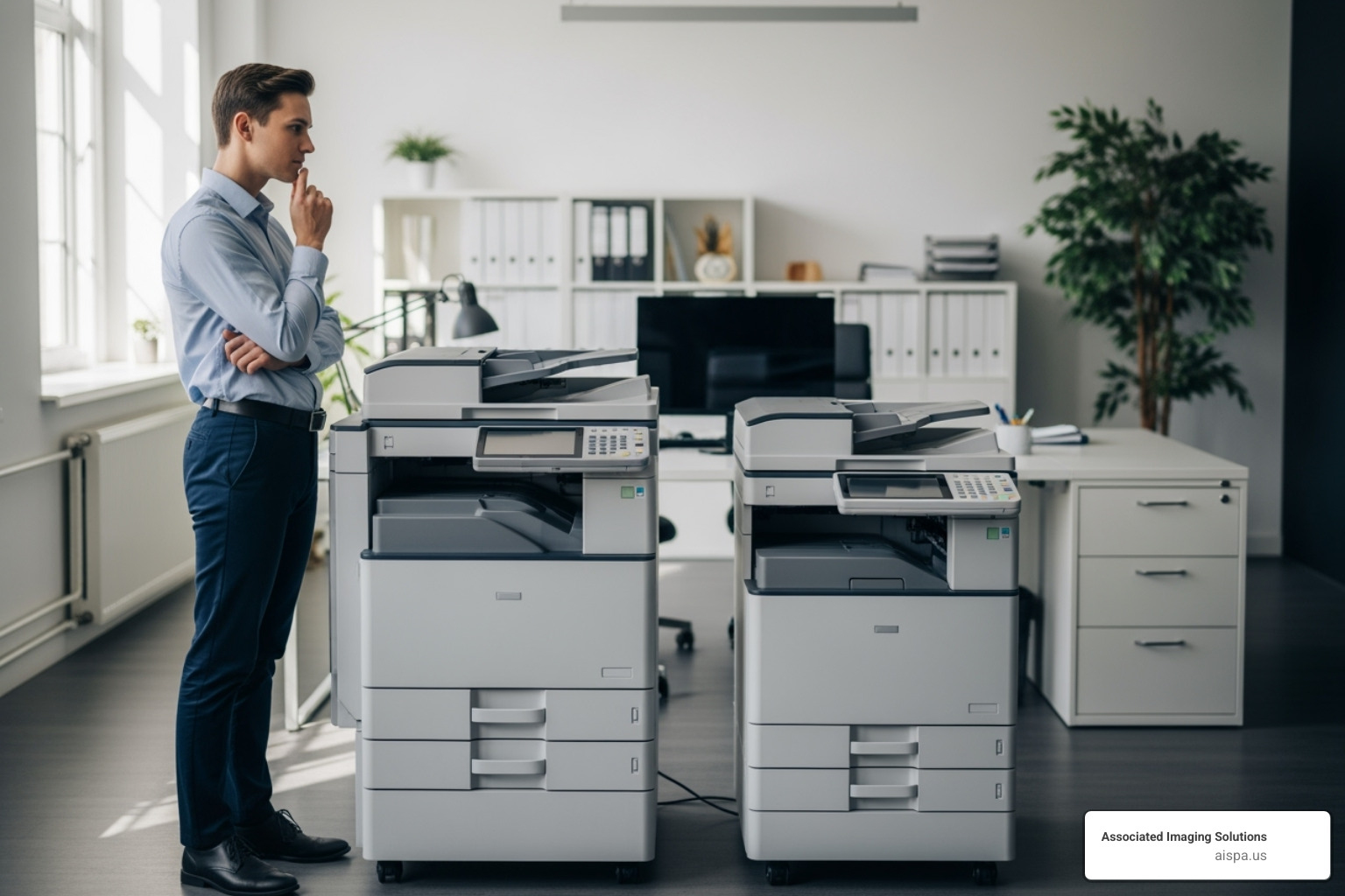 Person comparing two different-sized office copiers - Office copier solutions