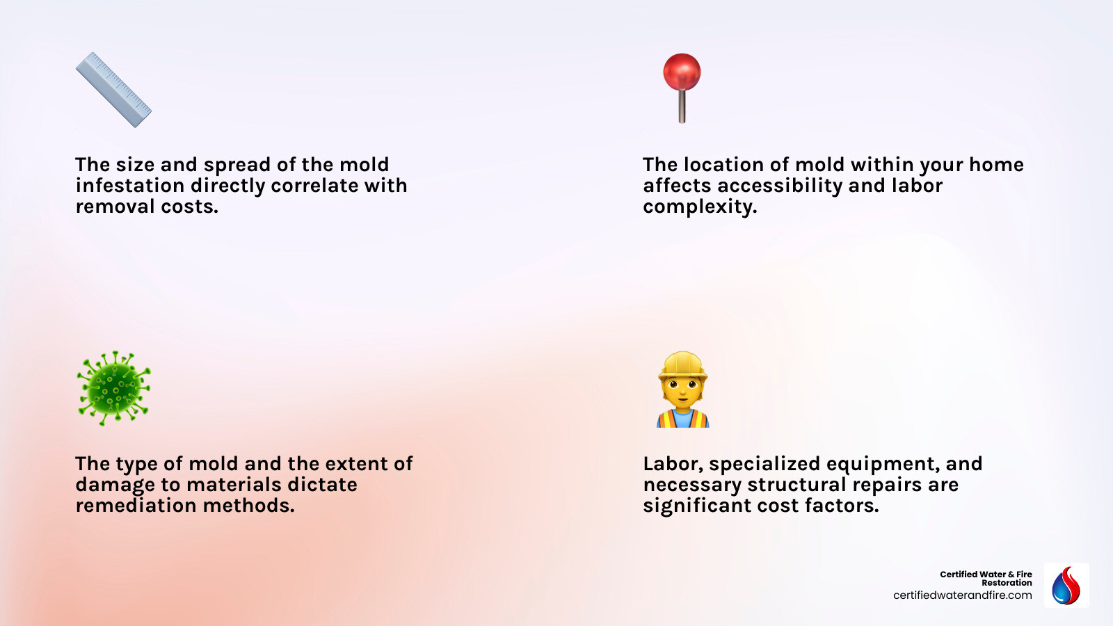 Infographic showing the key factors influencing mold removal costs: infestation size, location within the home, type of mold, extent of damage, and the need for specialized equipment and labor. - mold removal cost Houston infographic 4_facts_emoji_light-gradient