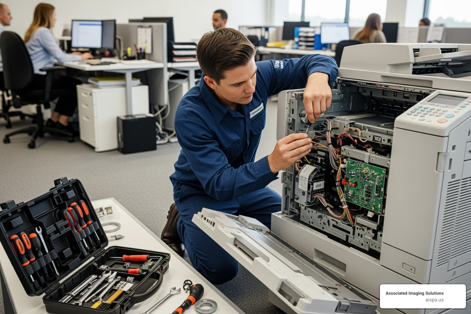 Service technician performing maintenance on an office copier - Office copier solutions