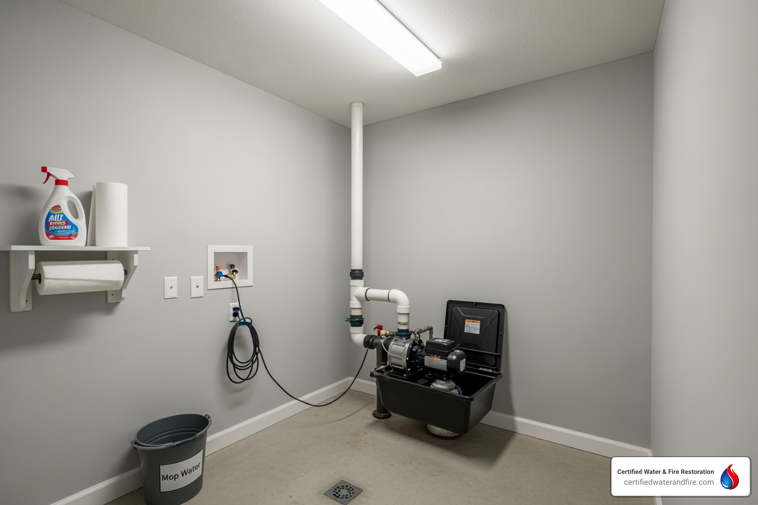 A clean, organized utility room with a sump pump - Insurance water damage
