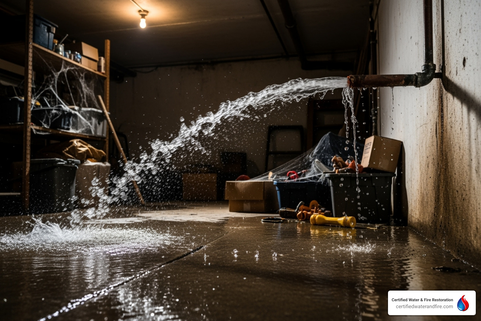 A burst pipe spraying water in a basement - Insurance water damage