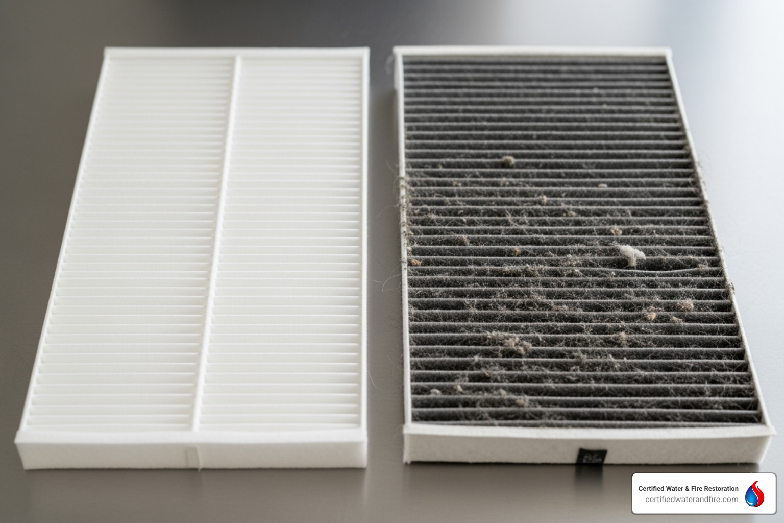 clean HVAC filter next to a dirty one - mold prevention Houston
