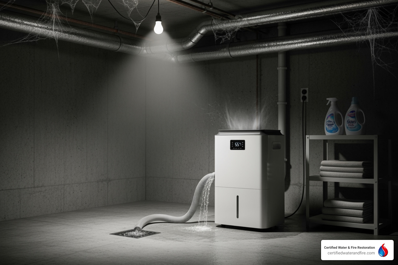 dehumidifier running in a basement or laundry room - mold prevention Houston