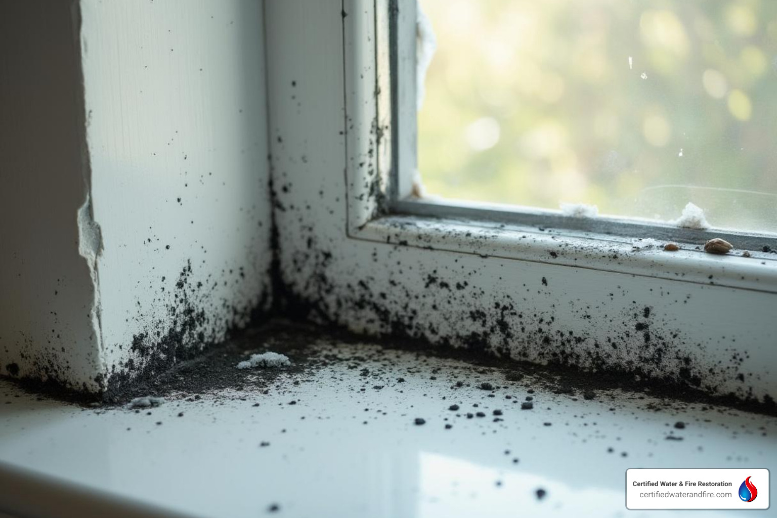 subtle mold growth on a windowsill or behind furniture - mold prevention Houston