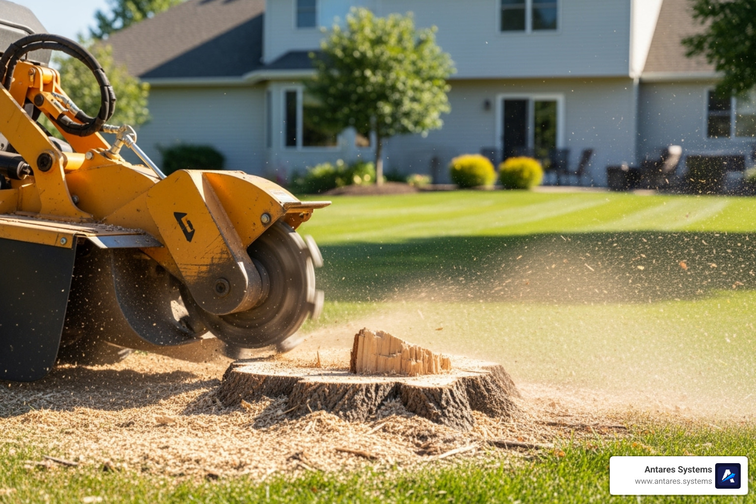 Image of a stump grinder turning a stump into wood chips - Tree removal cost Image of a stump grinder turning a stump into wood chips - Tree removal cost
