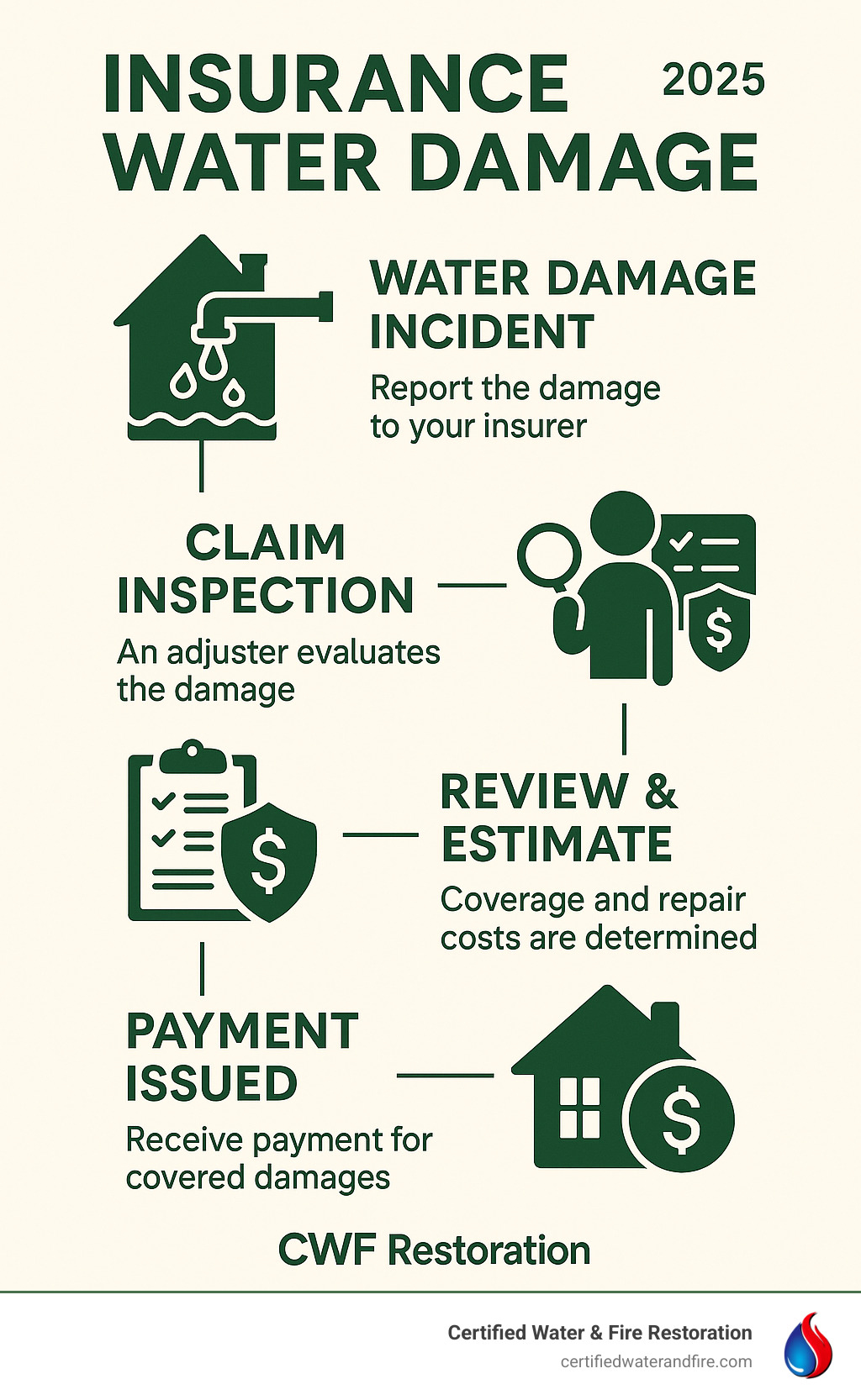 Infographic explaining typical water damage insurance claim process from incident to payout - Insurance water damage infographic 