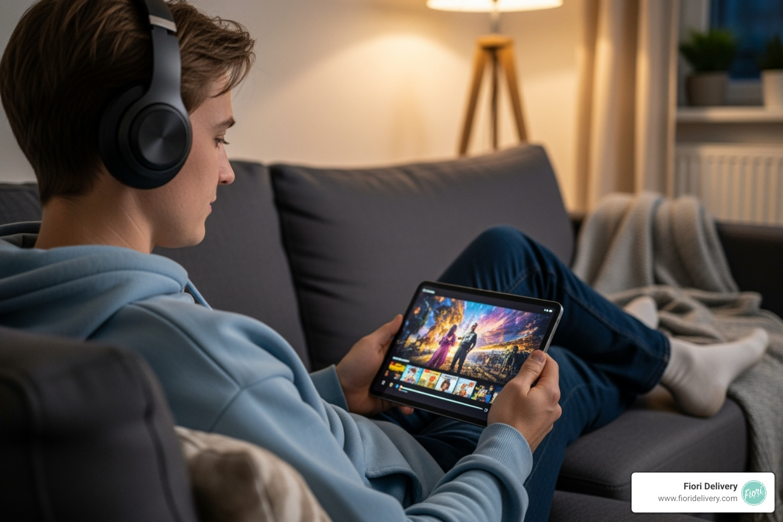 A person watching content on a tablet with headphones - watch while stoned