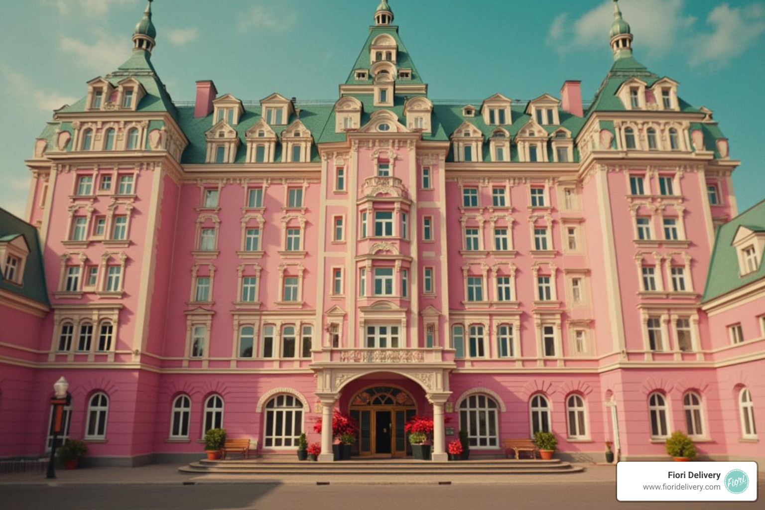 A colorful scene from The Grand Budapest Hotel - watch while stoned