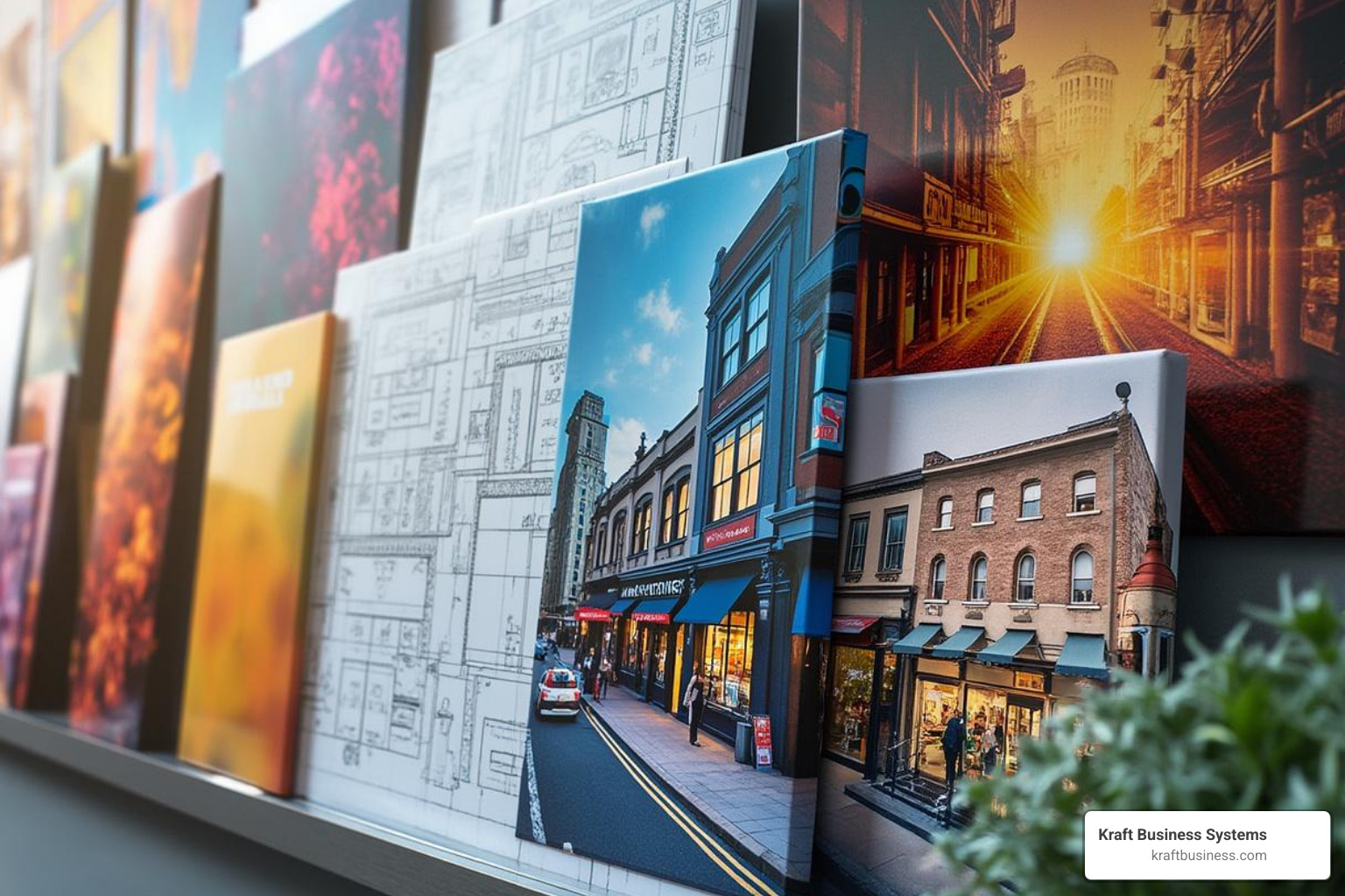 diverse large-format prints: an architectural blueprint, a vibrant retail banner, and a fine art canvas print - Wide format printer leasing