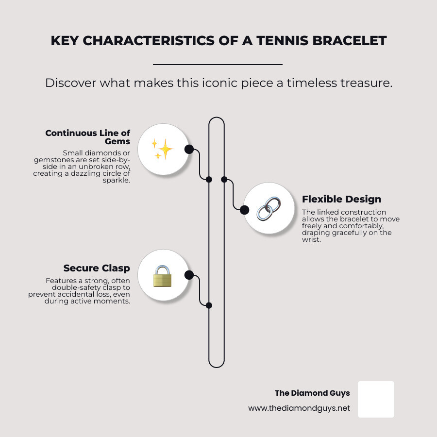 infographic explaining the key characteristics of a tennis bracelet: continuous line of gems, flexible band, and secure clasp. - tennis bracelet infographic infographic-line-3-steps-neat_beige