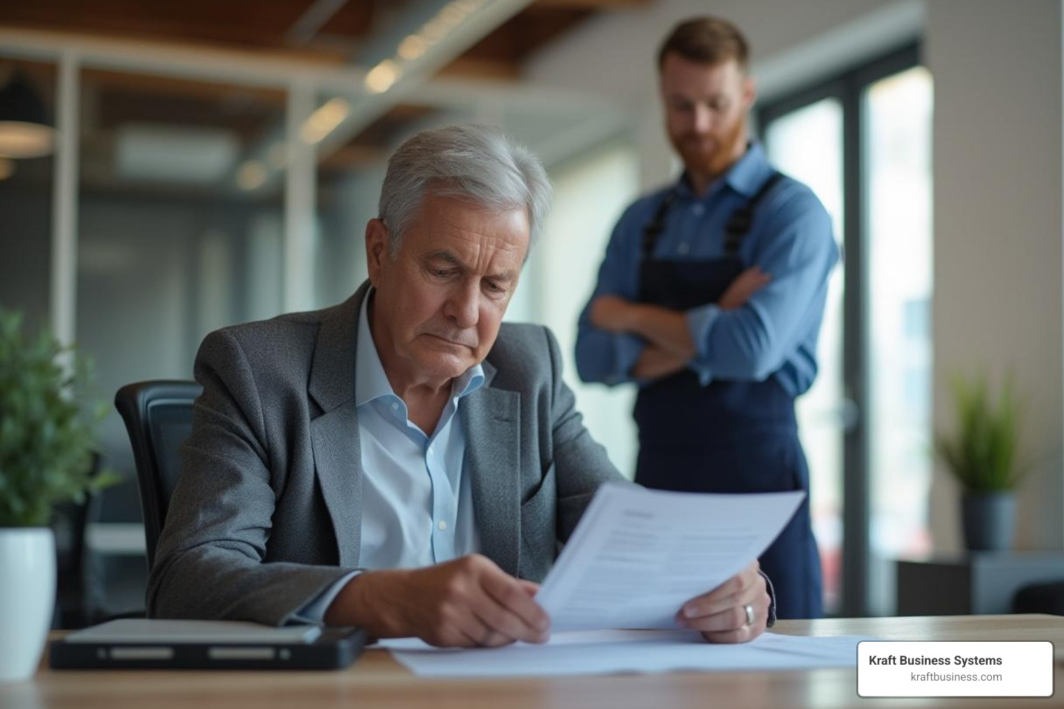 person reviewing a service agreement with a friendly technician in the background - Wide format printer leasing