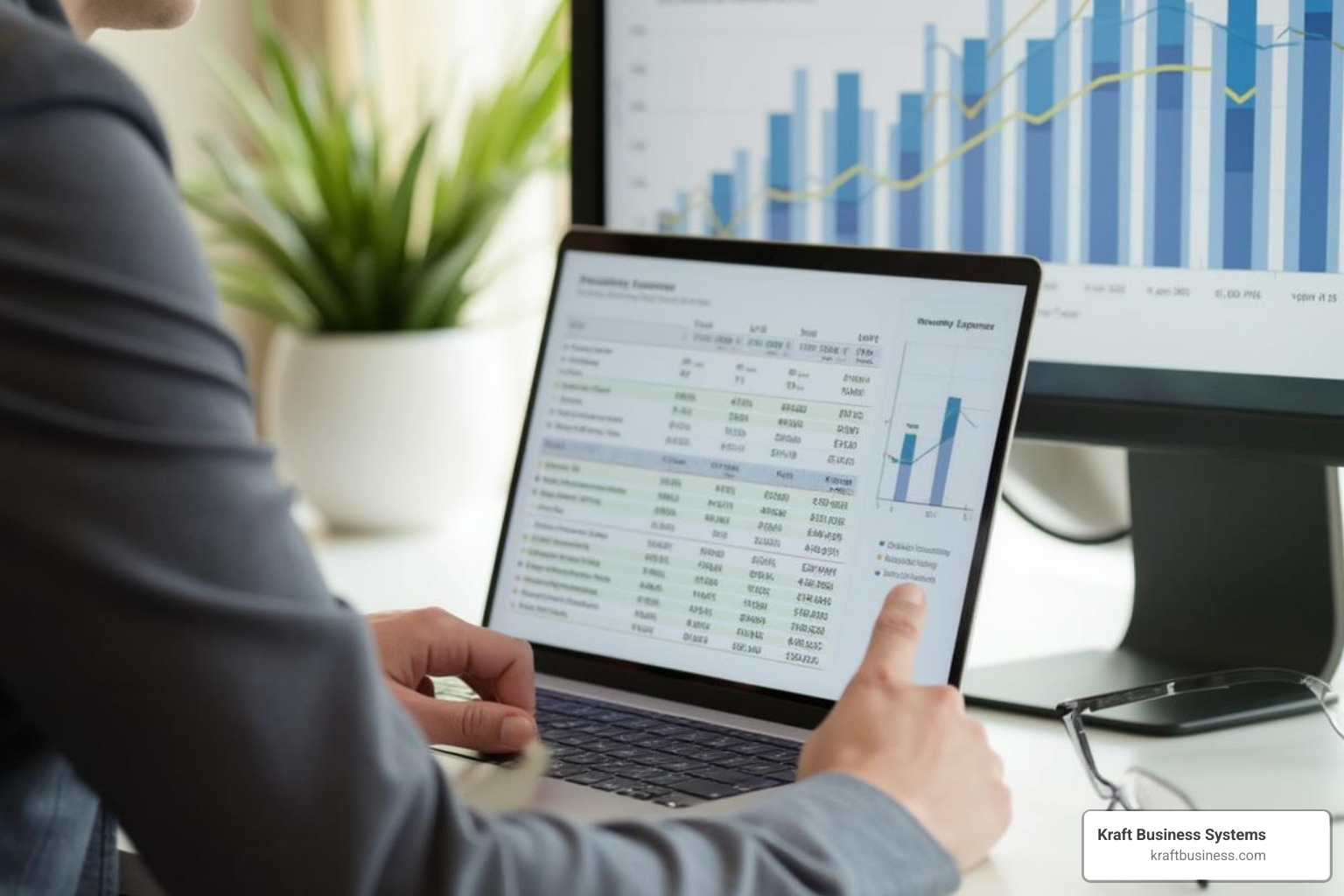 business owner reviewing a budget with a chart showing predictable monthly expenses - Wide format printer leasing