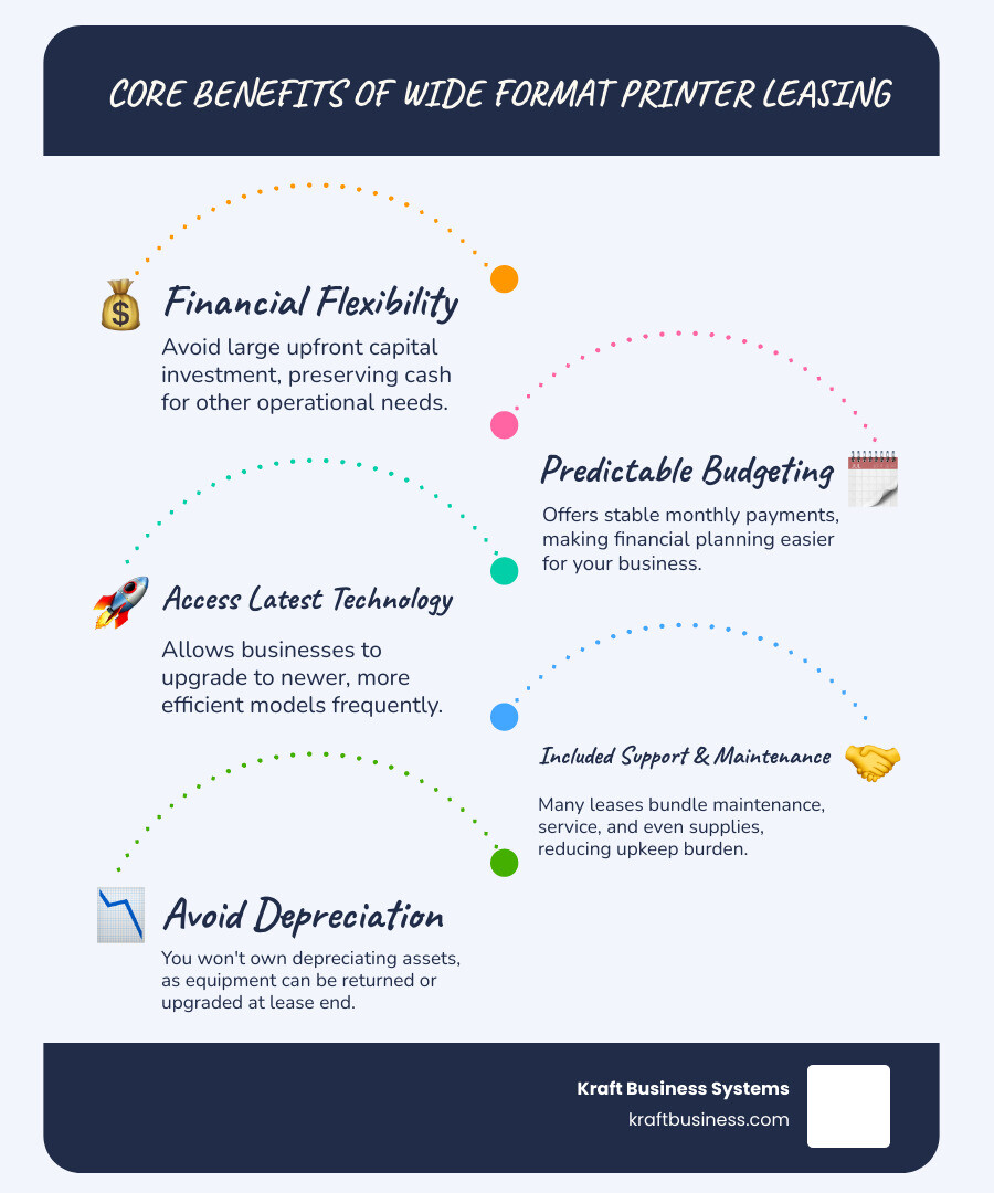 Infographic explaining the core benefits of leasing vs. buying a wide format printer - Wide format printer leasing infographic infographic-line-5-steps-blues-accent_colors