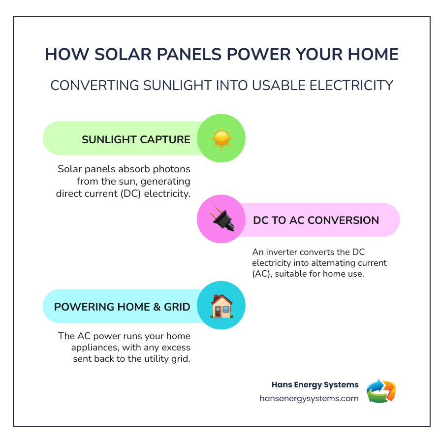 Infographic explaining how solar panels convert sunlight into home electricity, highlighting the flow from sun to panel, then to inverter, and finally to the home's electrical panel and the grid - solar panels poway infographic infographic-line-3-steps-colors Infographic explaining how solar panels convert sunlight into home electricity, highlighting the flow from sun to panel, then to inverter, and finally to the home's electrical panel and the grid - solar panels poway infographic infographic-line-3-steps-colors