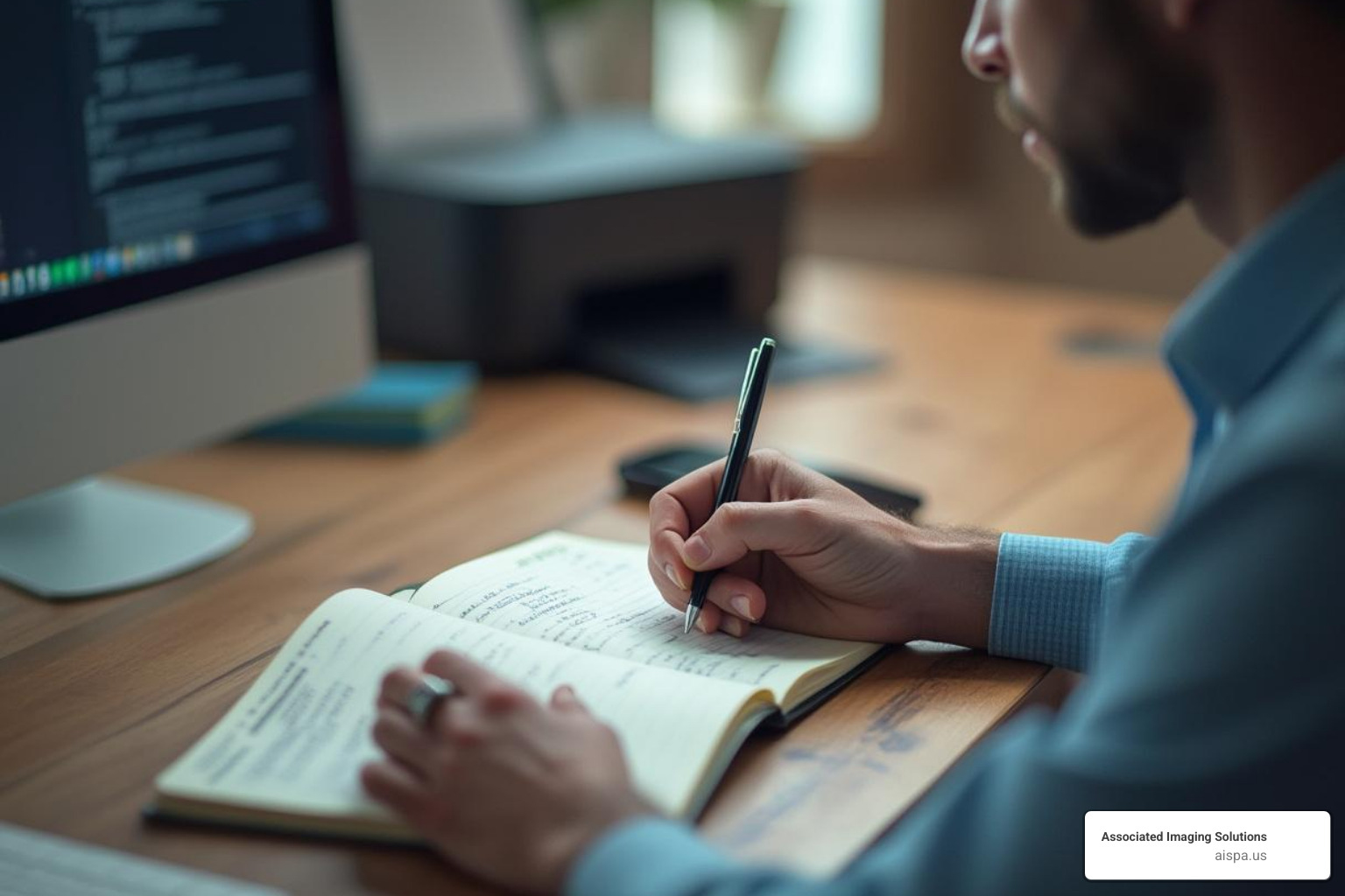 person preparing notes for support call - Sharp printer tech support